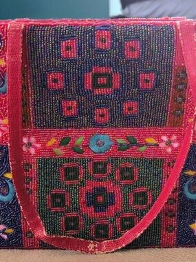 Embroidered Pink Beaded Floral Tote